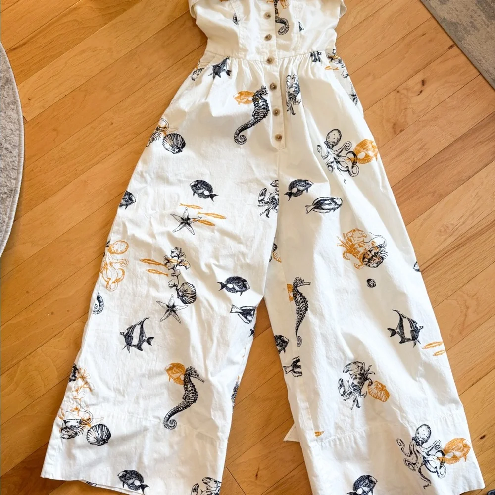 Anthropologie Maeve Strapless Buttondown Wide-Leg Jumpsuit Size 4 Sea Creatures - Picture 5 of 8